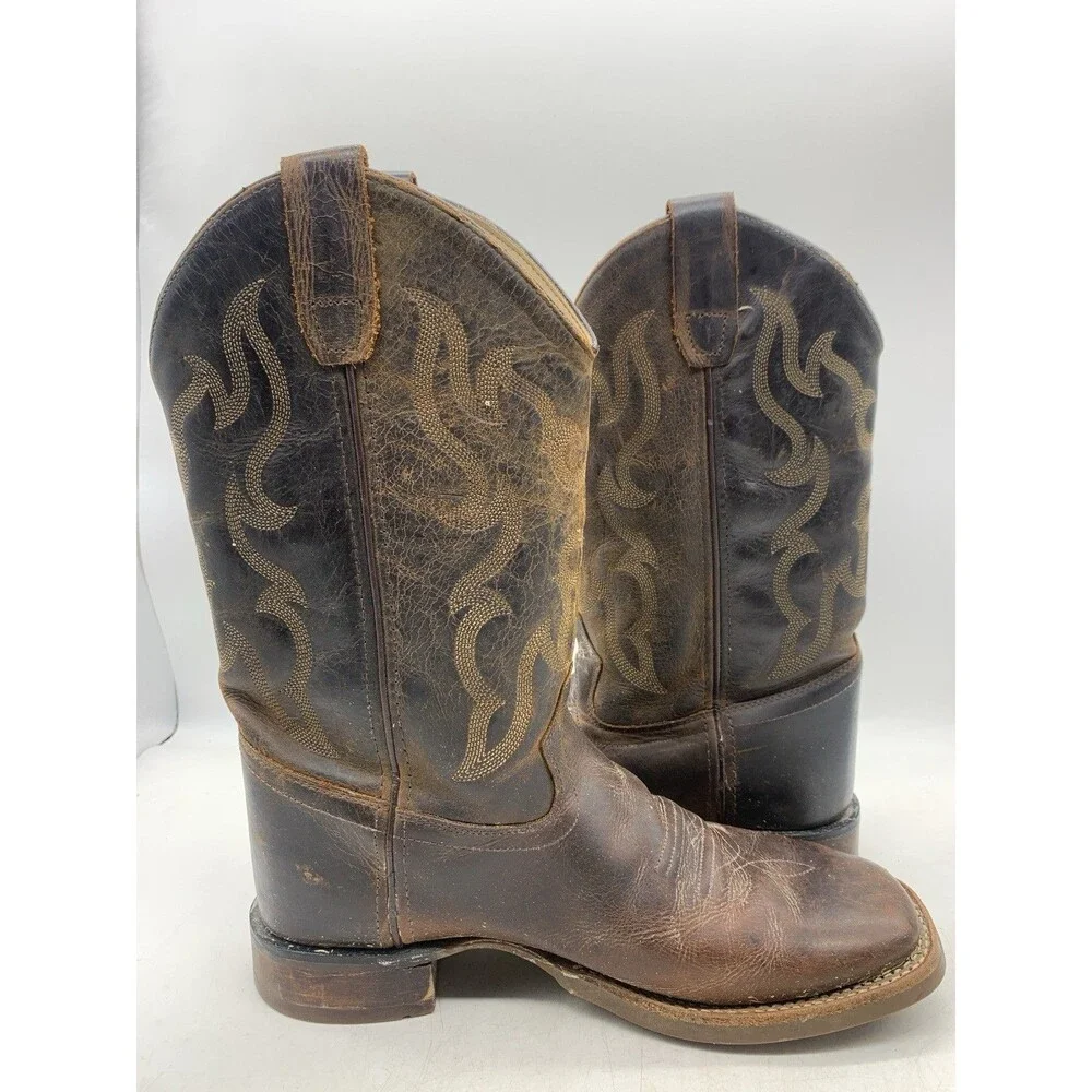 Old West Youth Cowboy Boots Brown Leather Square Toe Size 6.5 D Women’s Sz 8